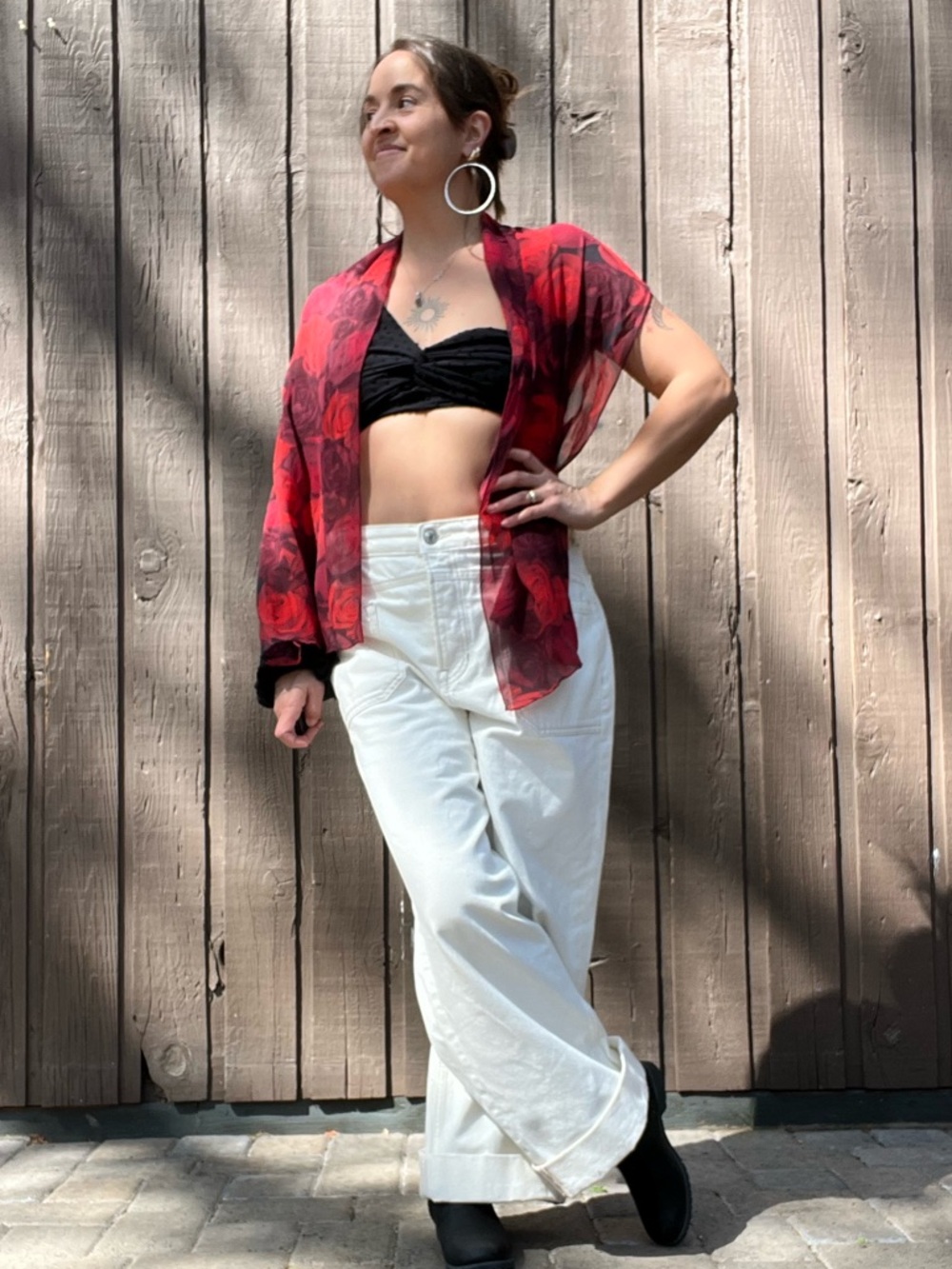 Red Rose Sheer Scarf – Long Floral Wrap / Hair Scarf / Belt Styling Piece